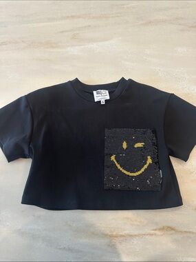 Marc Jacobs Black Tee with Yellow Sequin Smile Pocket